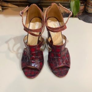 Size 38. Red faux crocodile, real snakeskin high heel sandals by Eugenia Kim